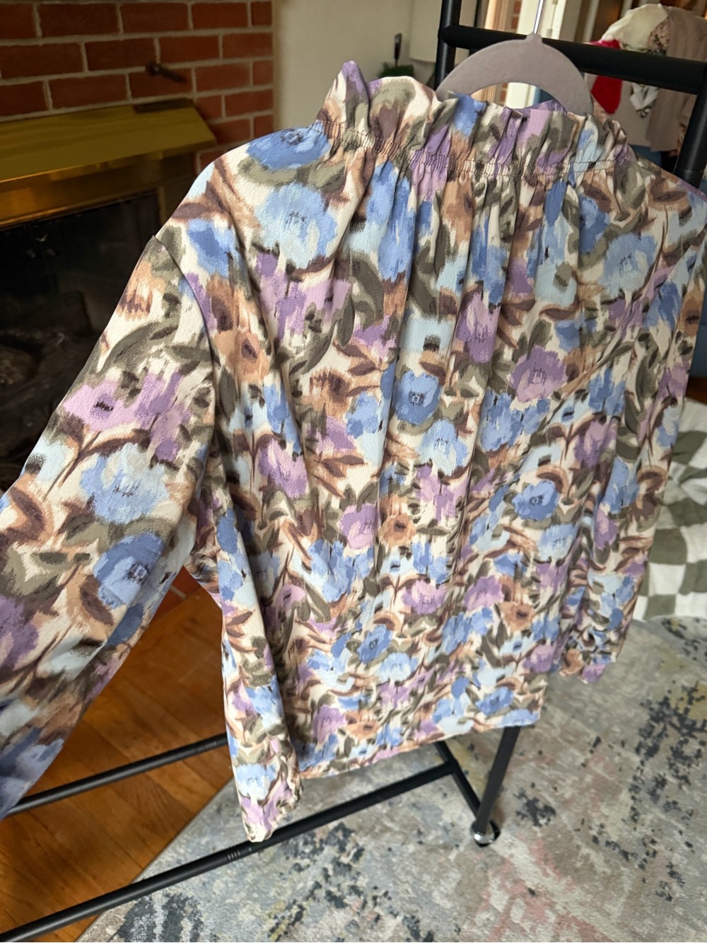 Women’s Floral Mockneck Blouse in Blue, Purple & Cream